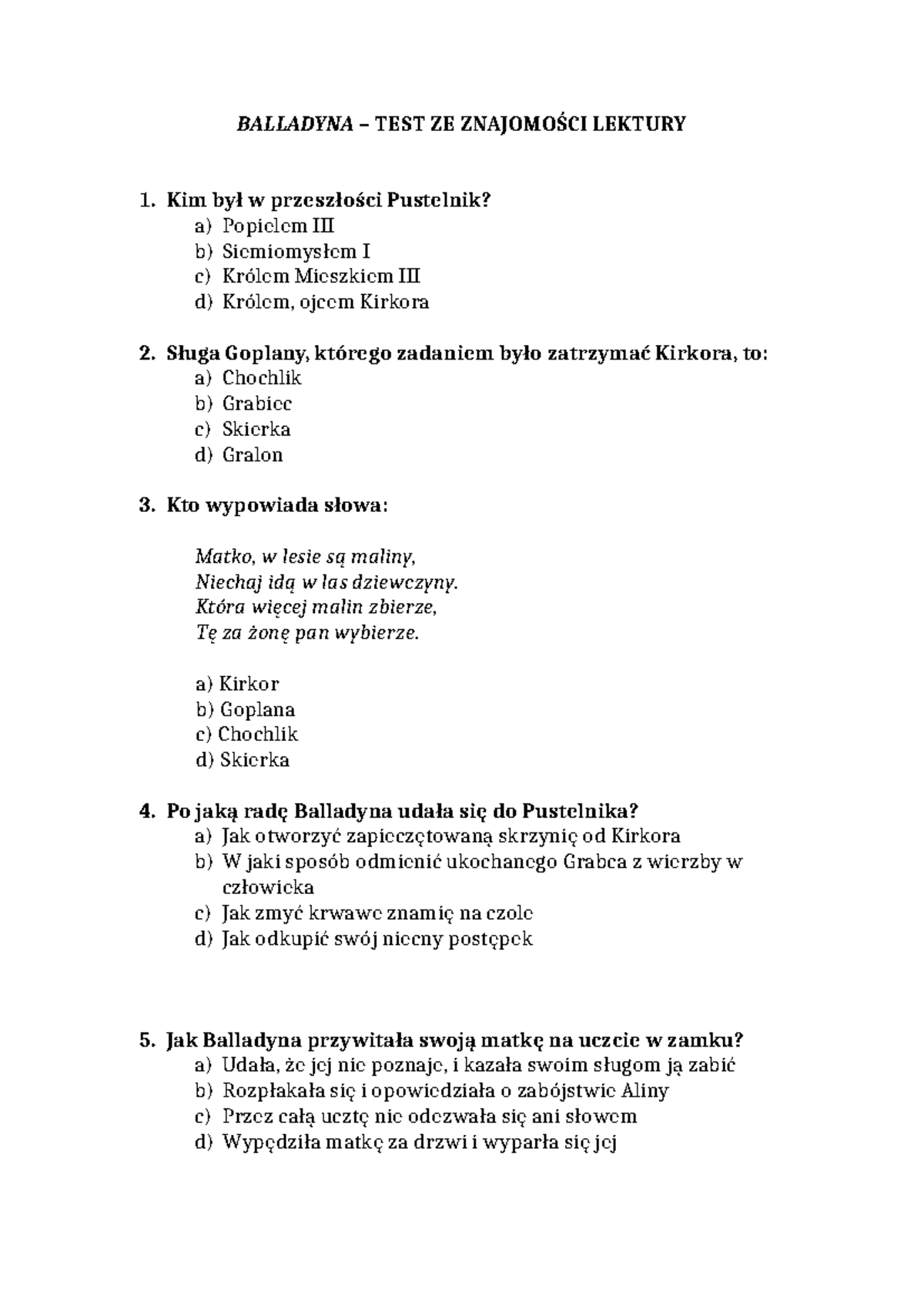 Test Z Lektury Sposób Na Elfa Balladyna-test - balladyna test - BALLADYNA – TEST ZE ZNAJOMOŚCI
