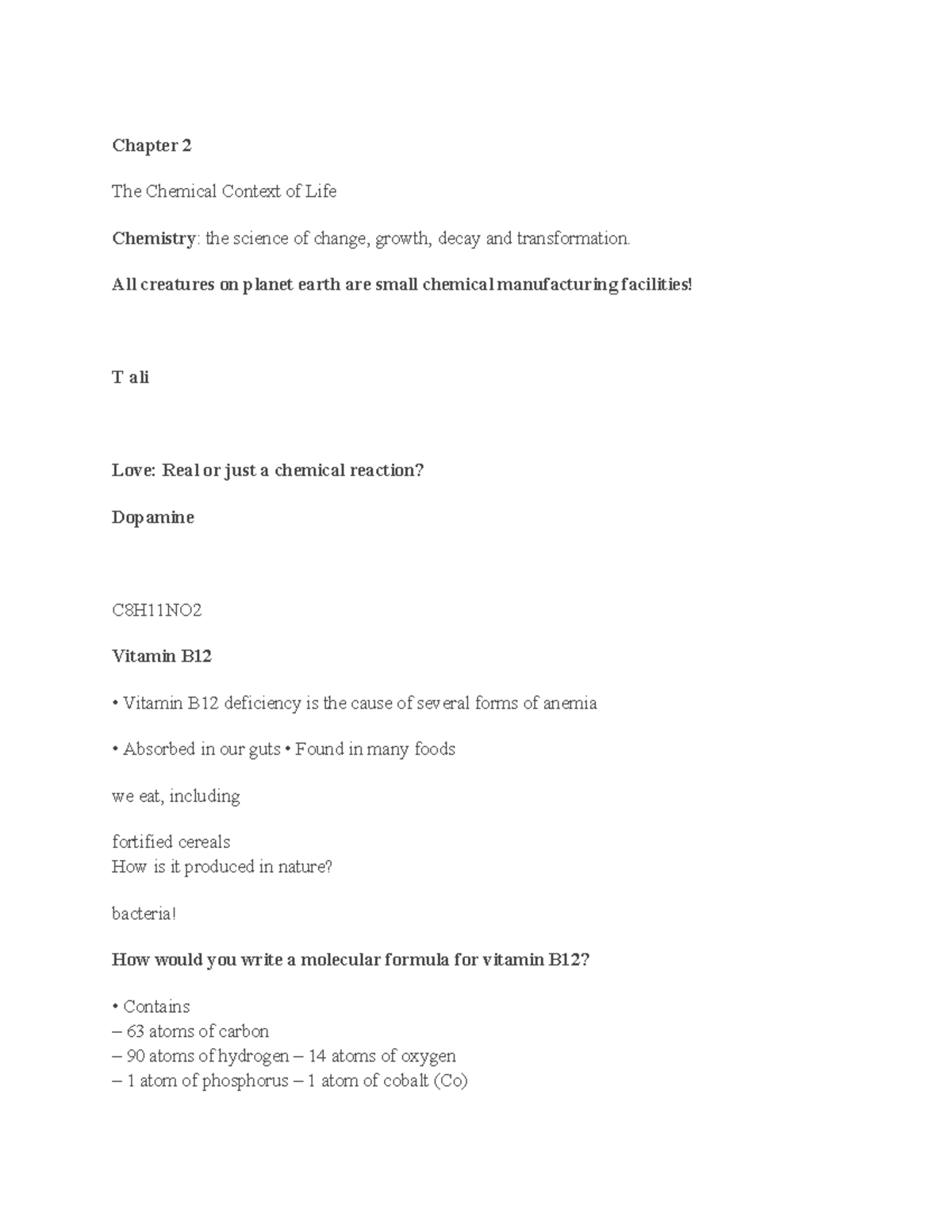 Bio1 - book notes for exams - Chapter 2 The Chemical Context of Life ...