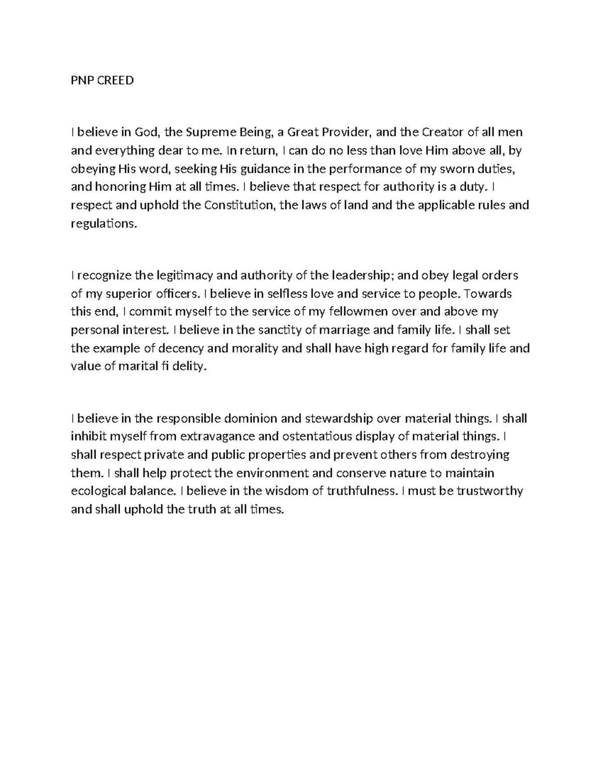 Police Creed And Kawani Ng Gobyerno - PNP CREED I believe in God, the ...
