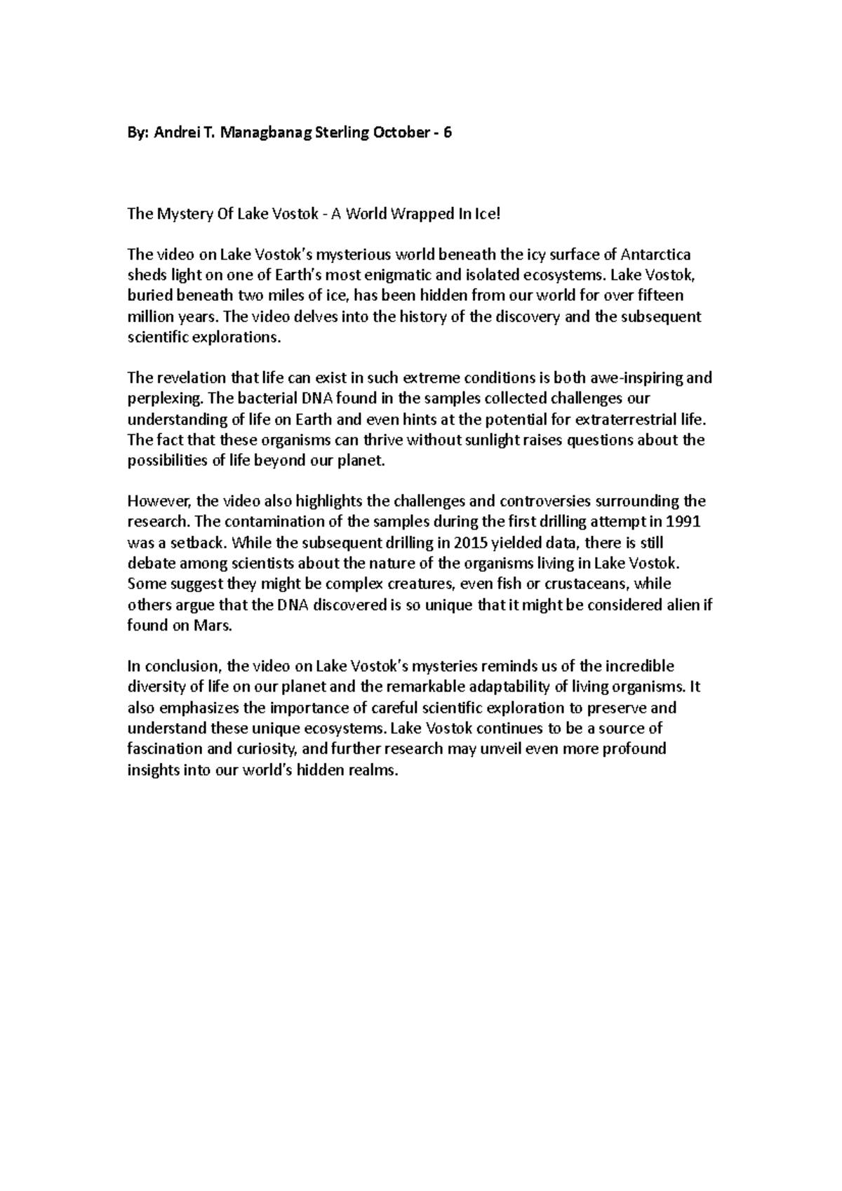 Lake Vostok Reaction Paper By Andrei T. Managbanag Sterling October