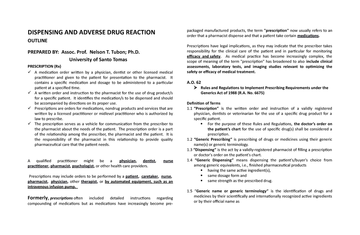 Dispensing Notes - Summary Bachelor of Science in Pharmacy - packaged  manufactured products, the - Studocu