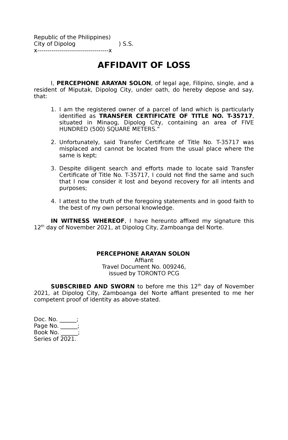 Affidavit Of Loss Sample Certificate Of Registration