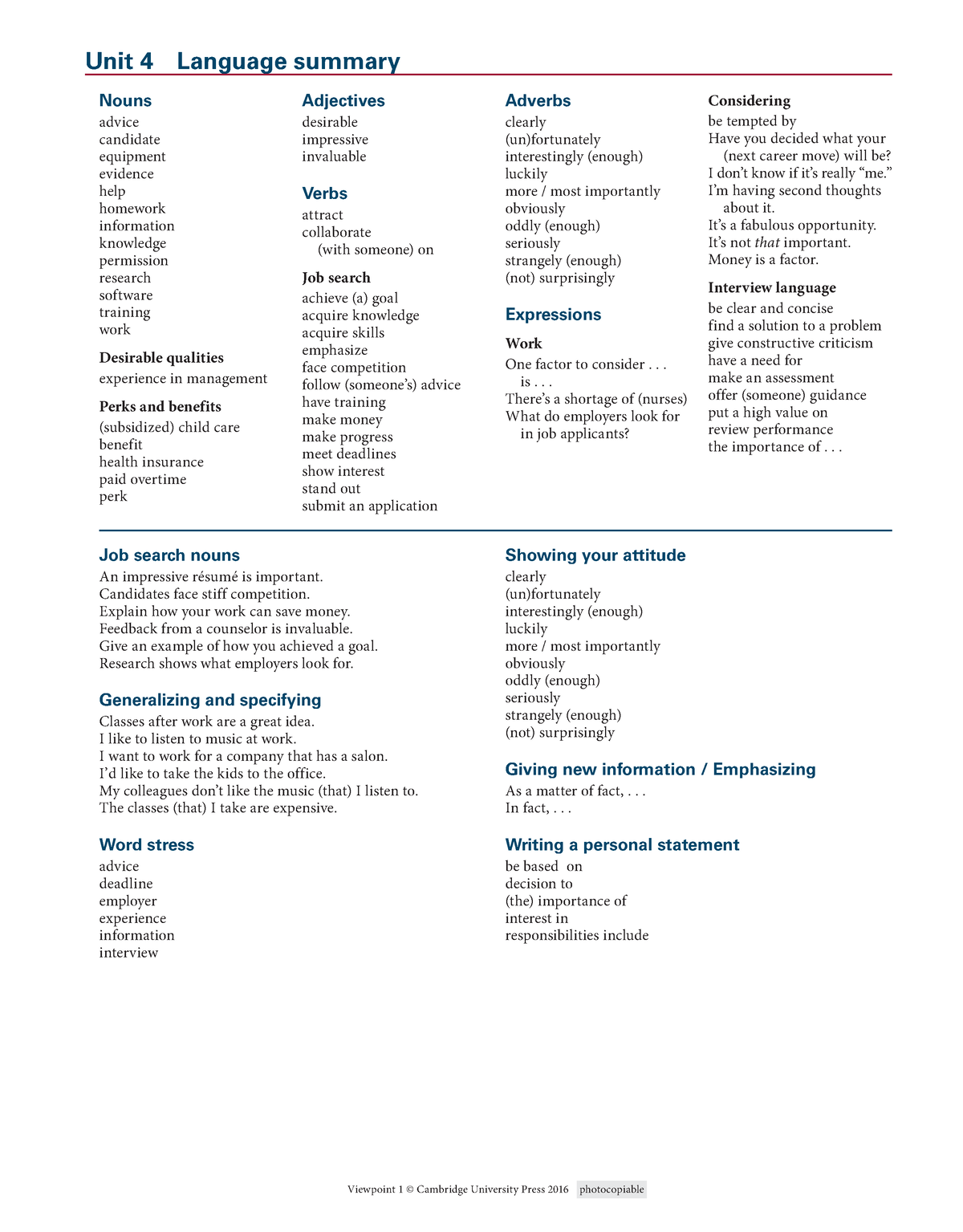 UNIT 4 Language Summary - Viewpoint 1 © Cambridge University Press 2016 ...