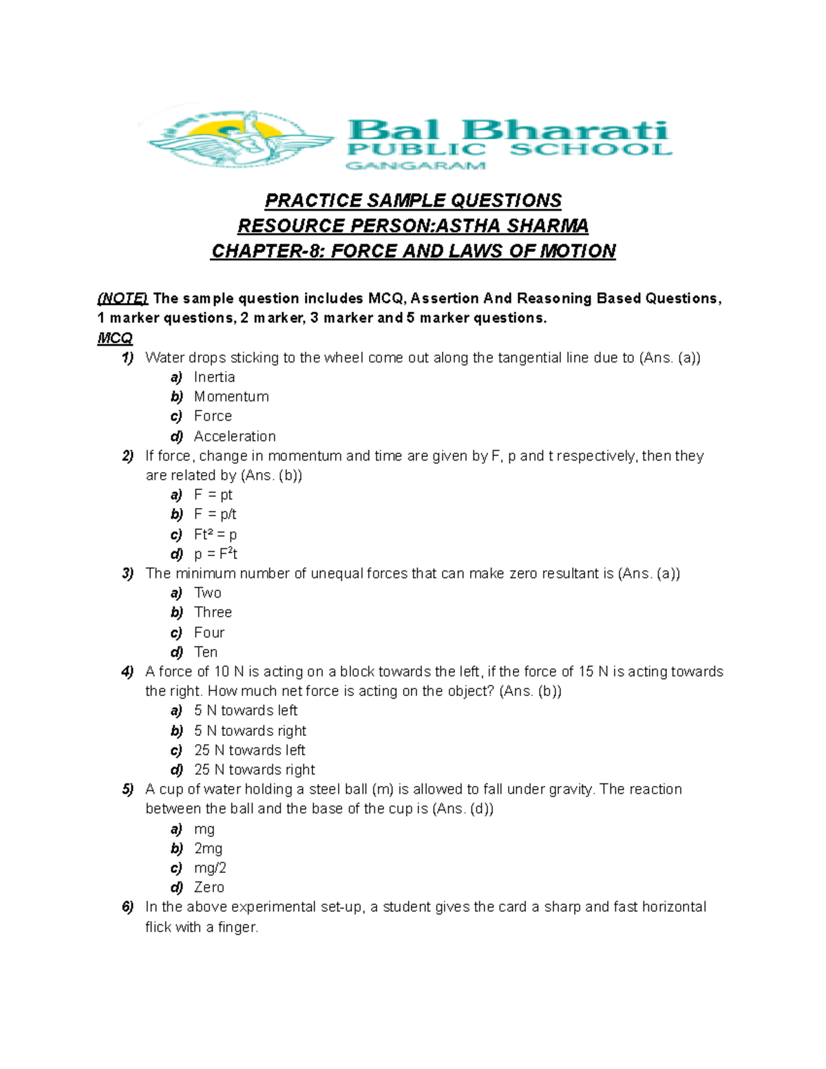 Chapter-8 ( Force AND LAWS OF Motion) Practice Sample Questions ...