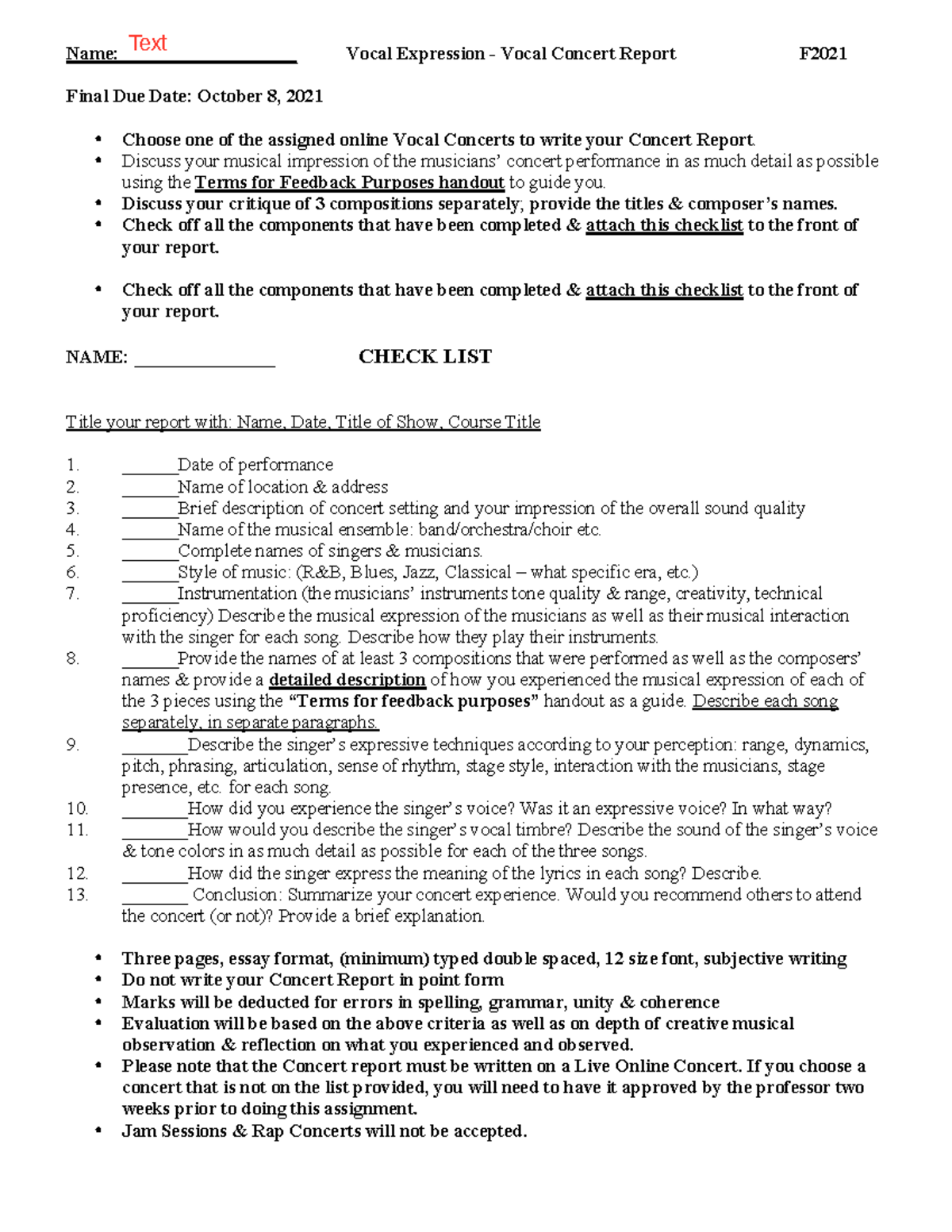 Vocal Expression Vocal Concert Report F2021 - Discuss your musical ...
