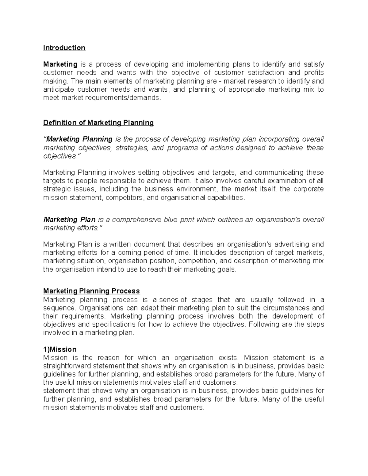 Marketing planning class notes 1 Introduction Marketing is a process