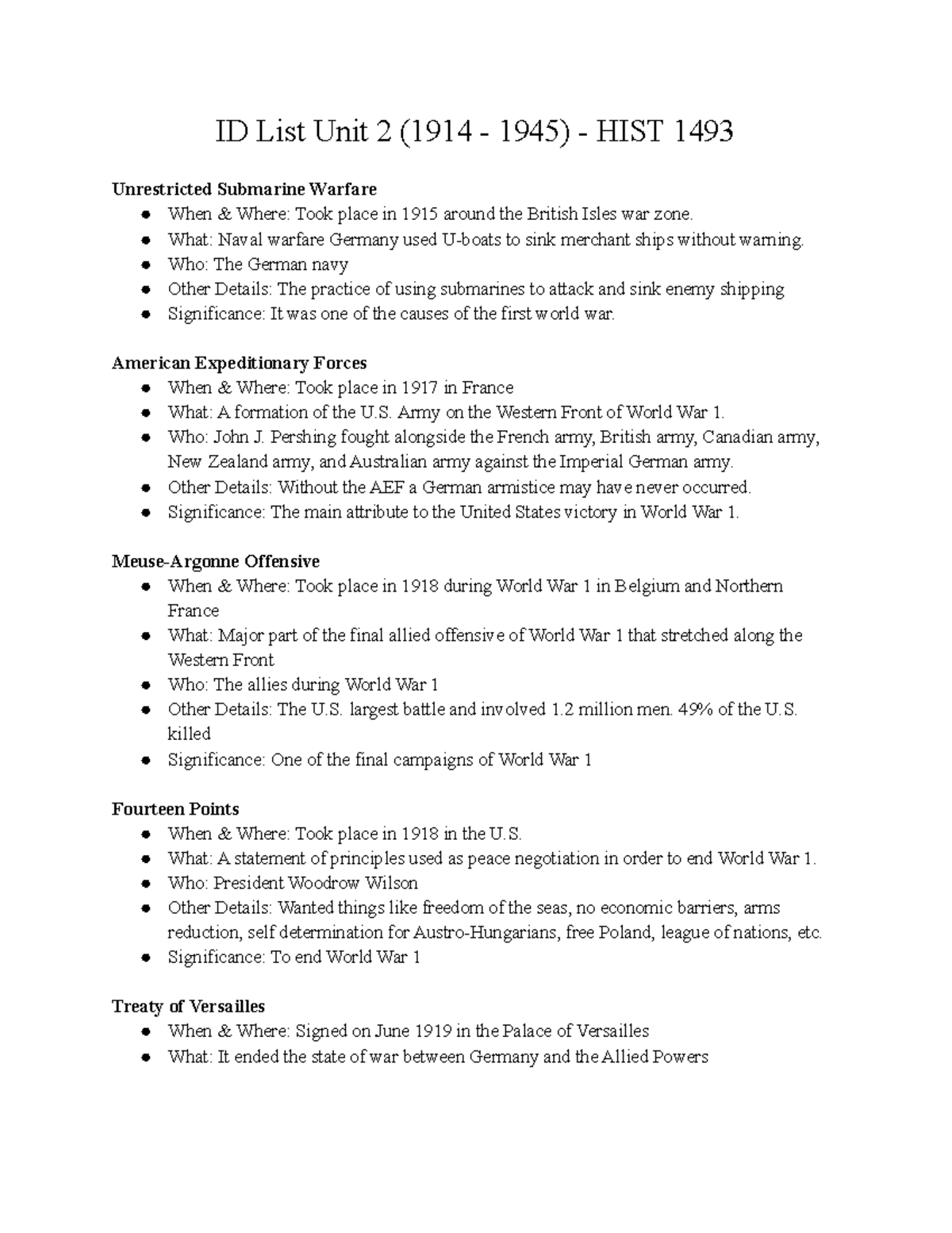 ID List Unit 2 (1914 1945) HIST 1493 ID List Unit 2 (1914 1945