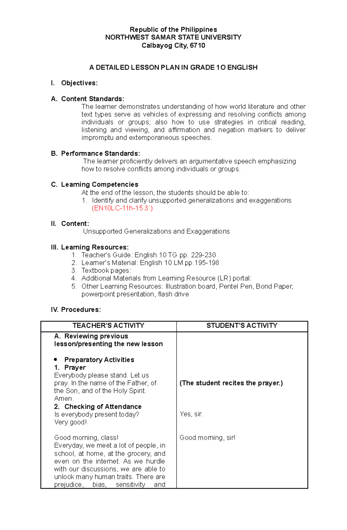 Sample Lesson Plan in English Using the - Republic of the Philippines ...