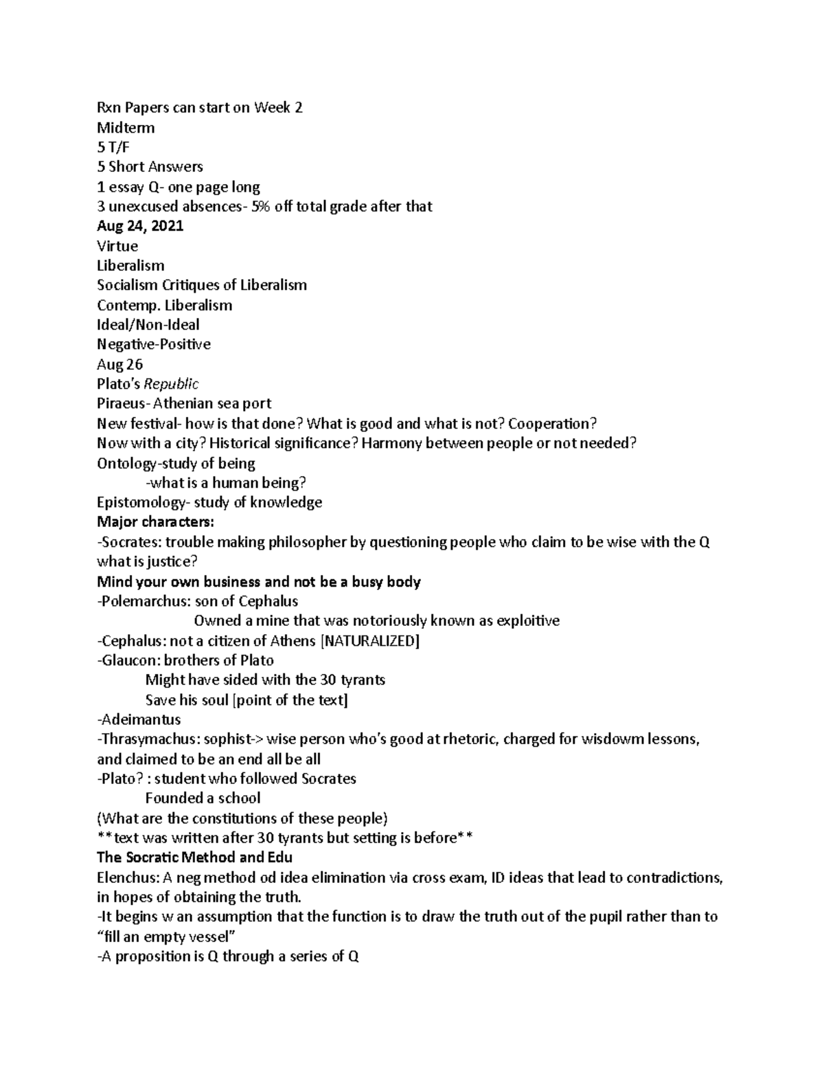 PHIL 142 notes - Rxn Papers can start on Week 2 Midterm 5 T/F 5 Short ...