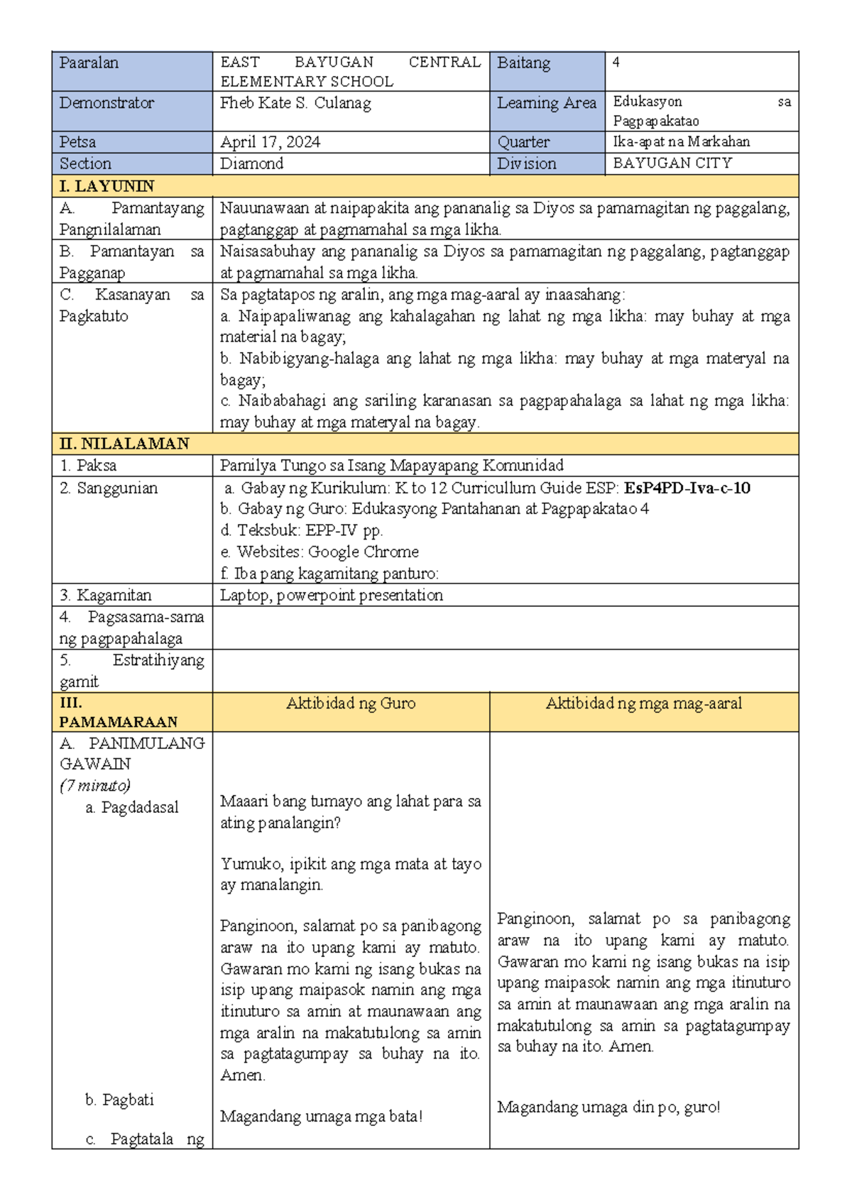 ESP April 17 - Lesson plan in ESP - Paaralan EAST BAYUGAN CENTRAL ...