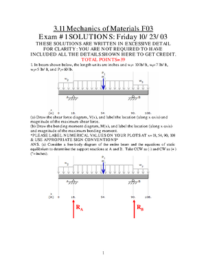 Exam1Solutions - Exam 1 Solutions - 3 Mechanics Of Materials F01 Exam ...