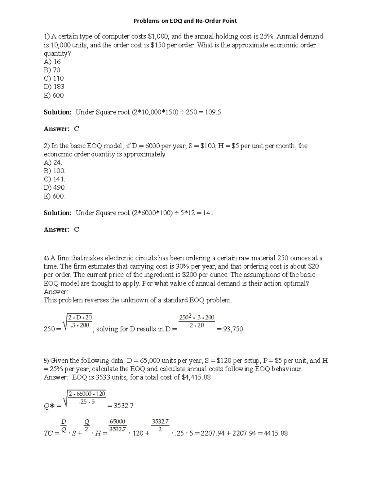 Problems On EOQ With Answers Problems On EOQ And Re Order Point A 