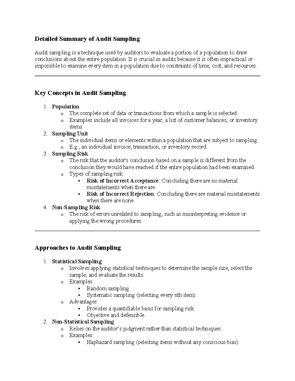 Audit Sampling - Summary - Detailed Summary of Audit Sampling Audit ...