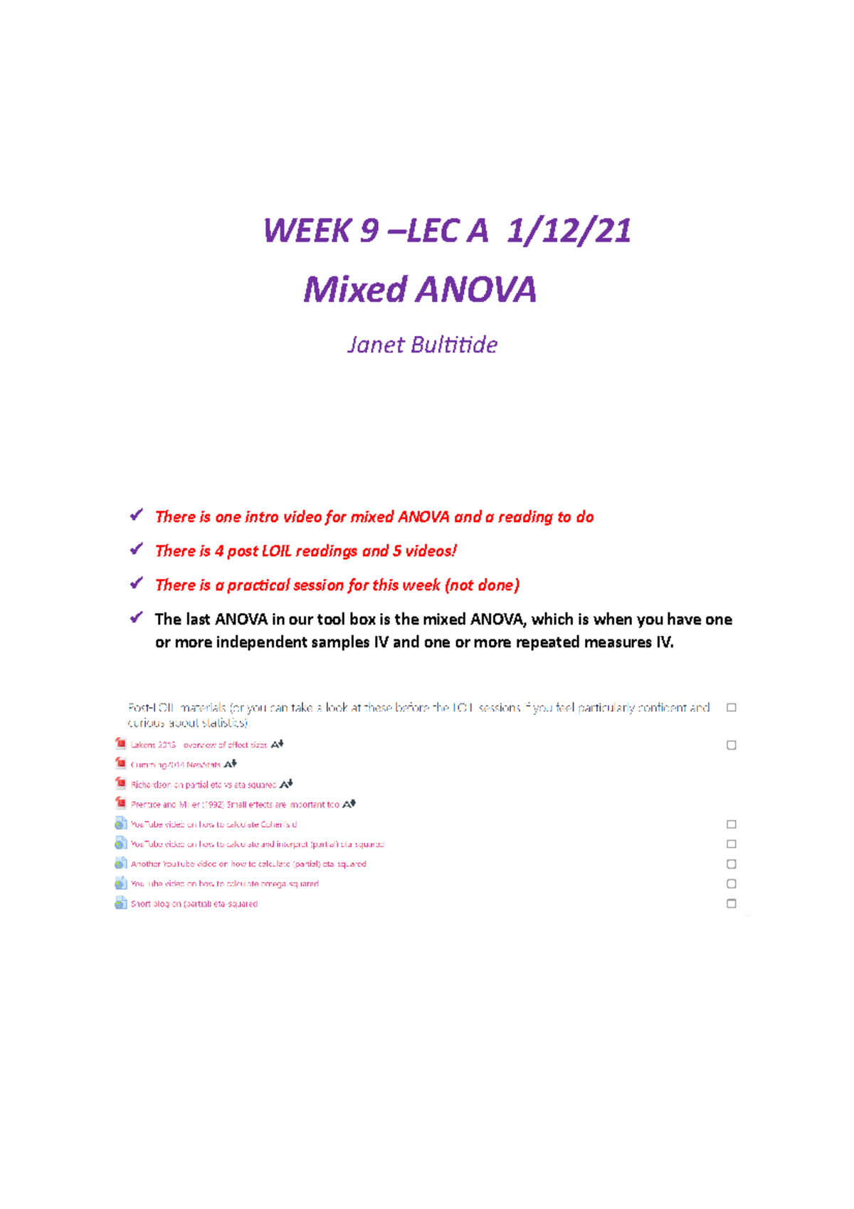 Week 9 Notes (Lec A + B) Mixed ANOVA - WEEK 9 –LEC A 1/12/ Mixed ANOVA ...