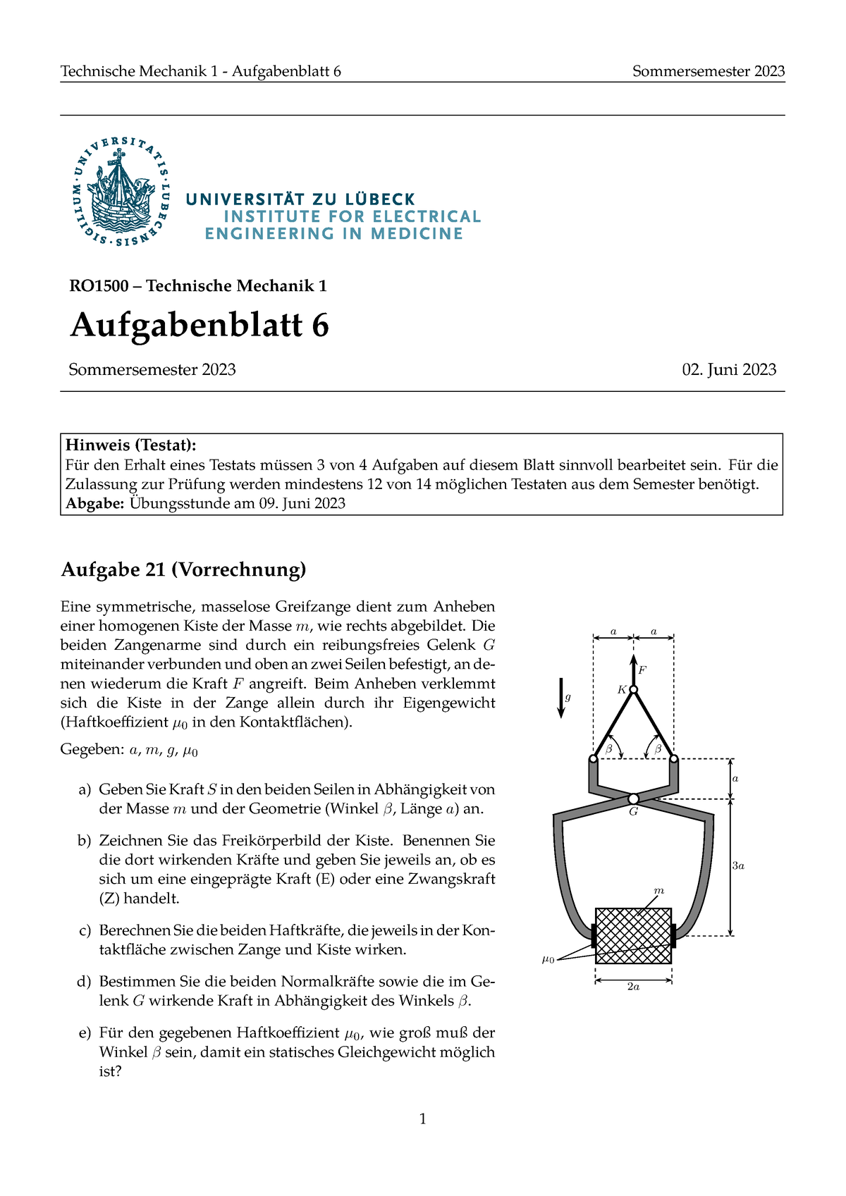 Aufgabenblatt 06 - Technische Mechanik 1 - Aufgabenblatt 6 ...