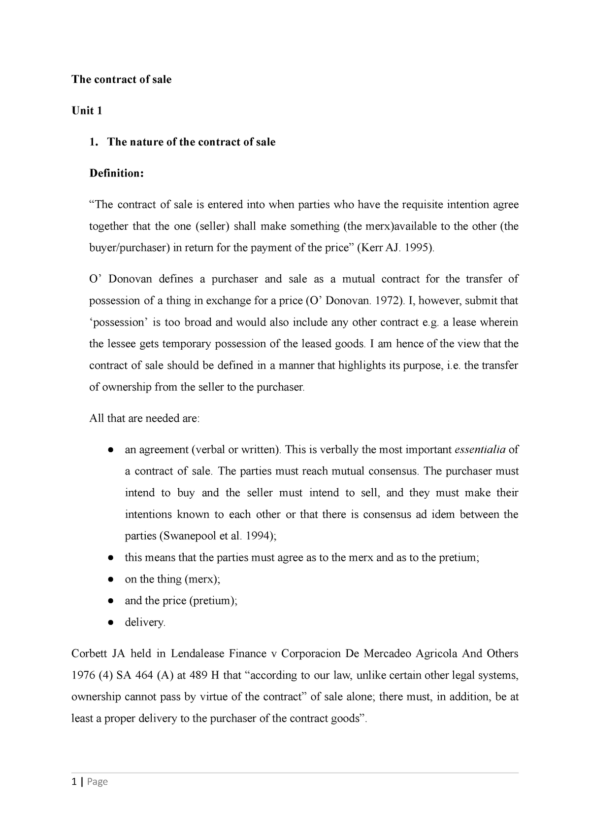 Commercial law. Notess - The contract of sale Unit 1 1. The nature of ...