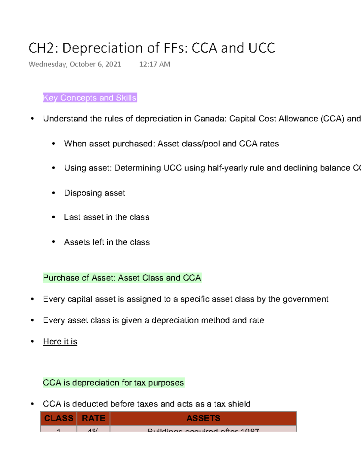 CH2 Depreciation of FFs CCA and UCC - Key Concepts and Skills ...
