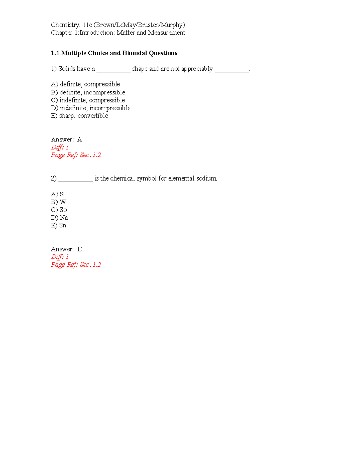 Ch01 Testbank - Test Bank, Chapter 1 - Chemistry, 11e (Brown/LeMay ...