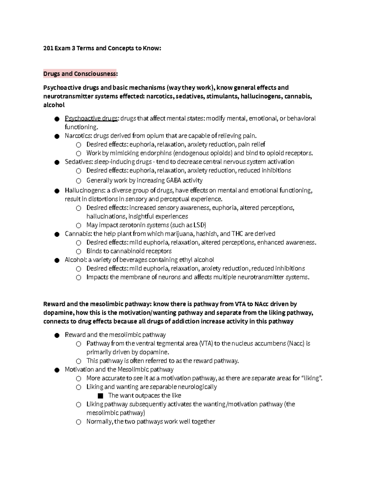 Exam 3 Study Guide - 201 Exam 3 Terms and Concepts to Know: Drugs and ...