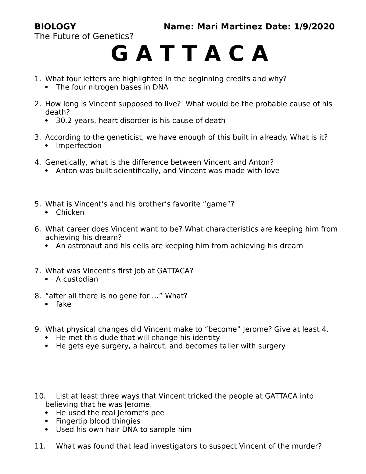 gattaca movie discussion questions answer key
