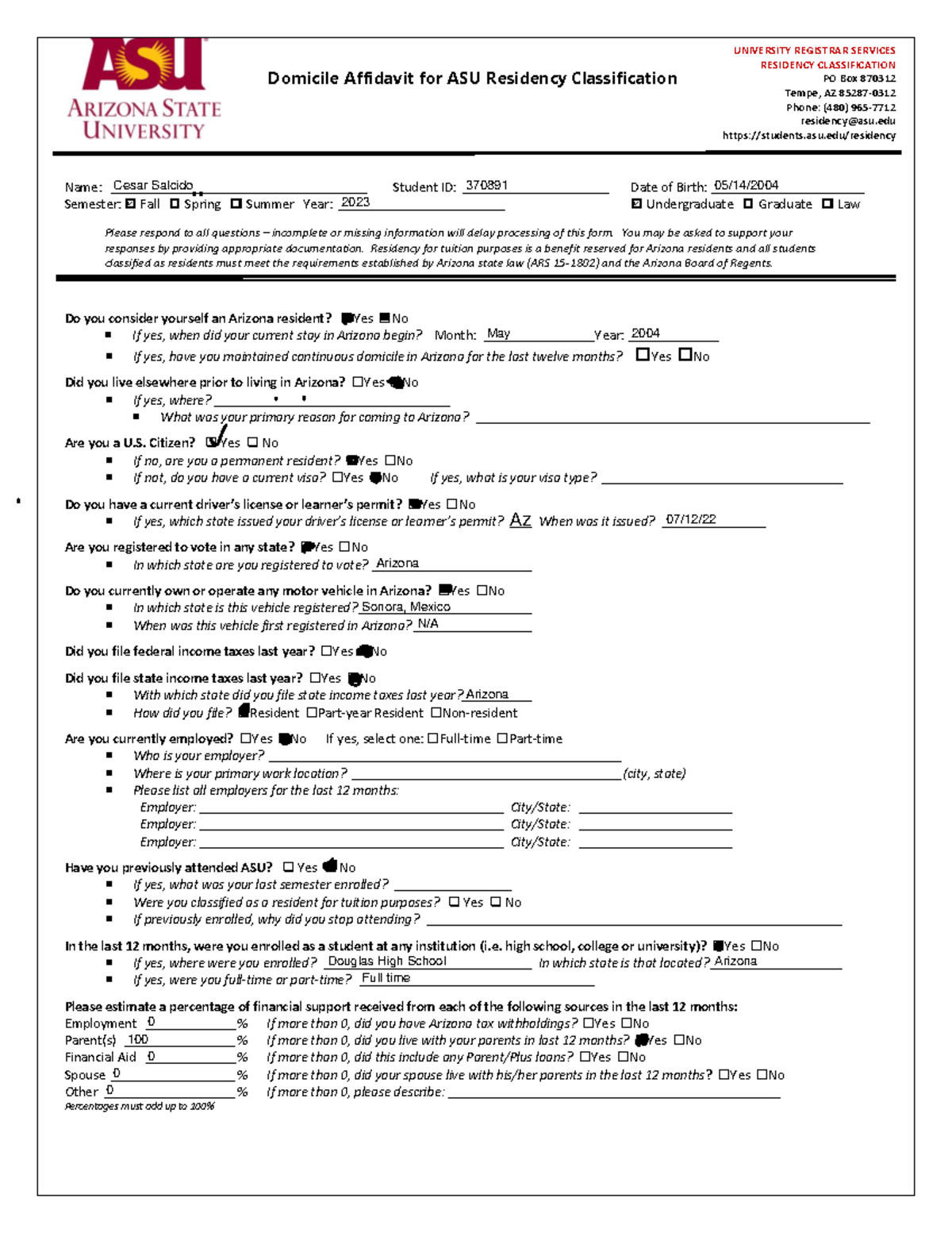 Kami Export - Domicile Affidavit for Arizona Residency Classification ...