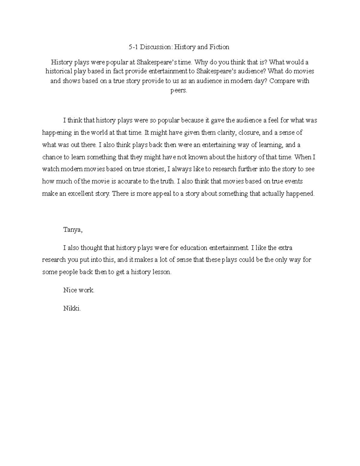 5-1 Discussion History and Fiction - Discussion: History and Fiction ...
