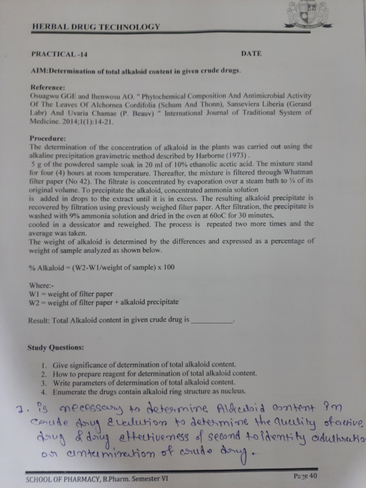 Determination of total alkaloid content in given crude drugs - Pharmacy ...