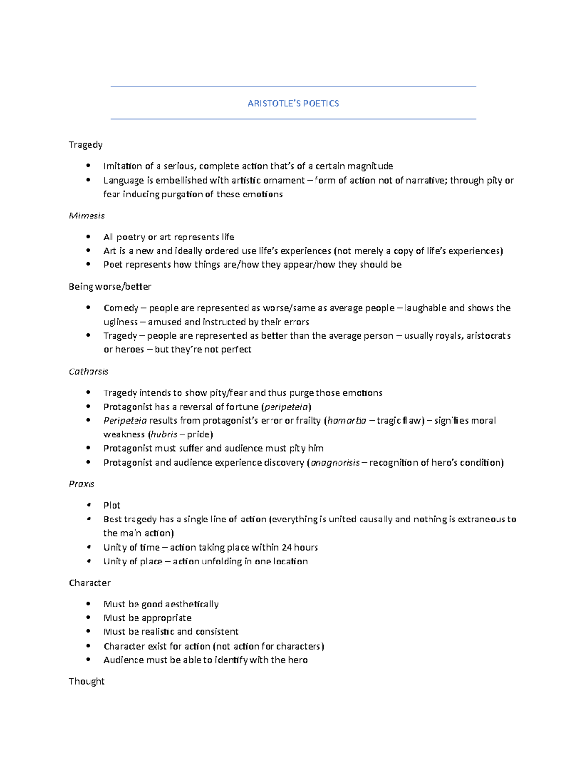 Handout Notes - ARISTOTLE’S POETICS Tragedy Imitation of a serious ...