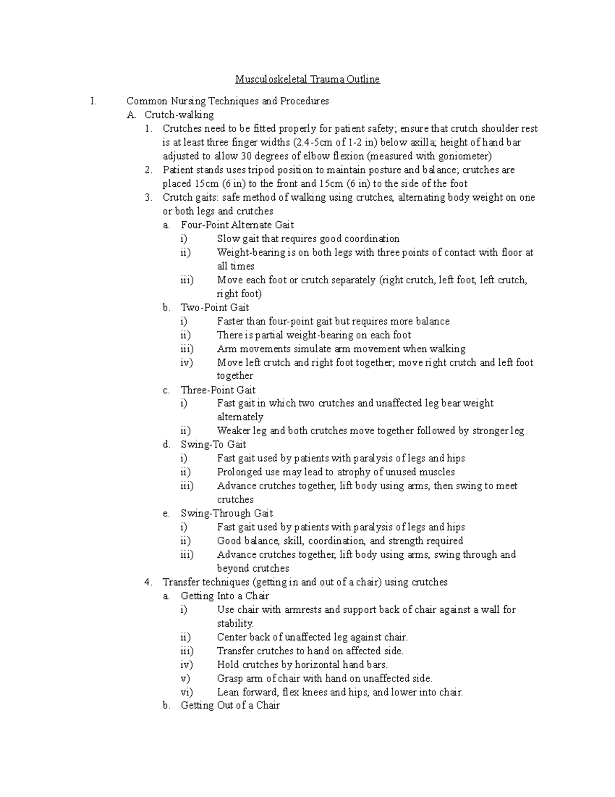 Musculoskeletal Trauma Outline Common Nursing Techniques and