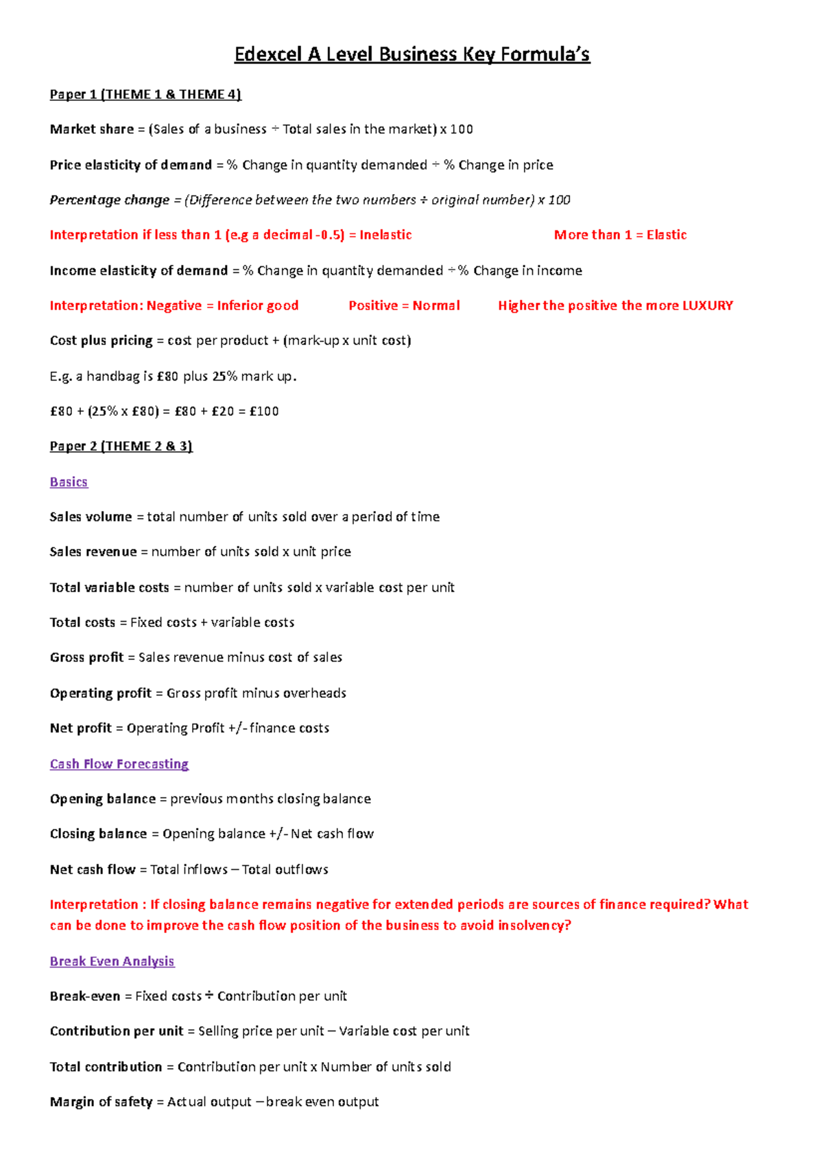 A level formulas - Stt - Edexcel A Level Business Key Formula’s Paper 1 ...