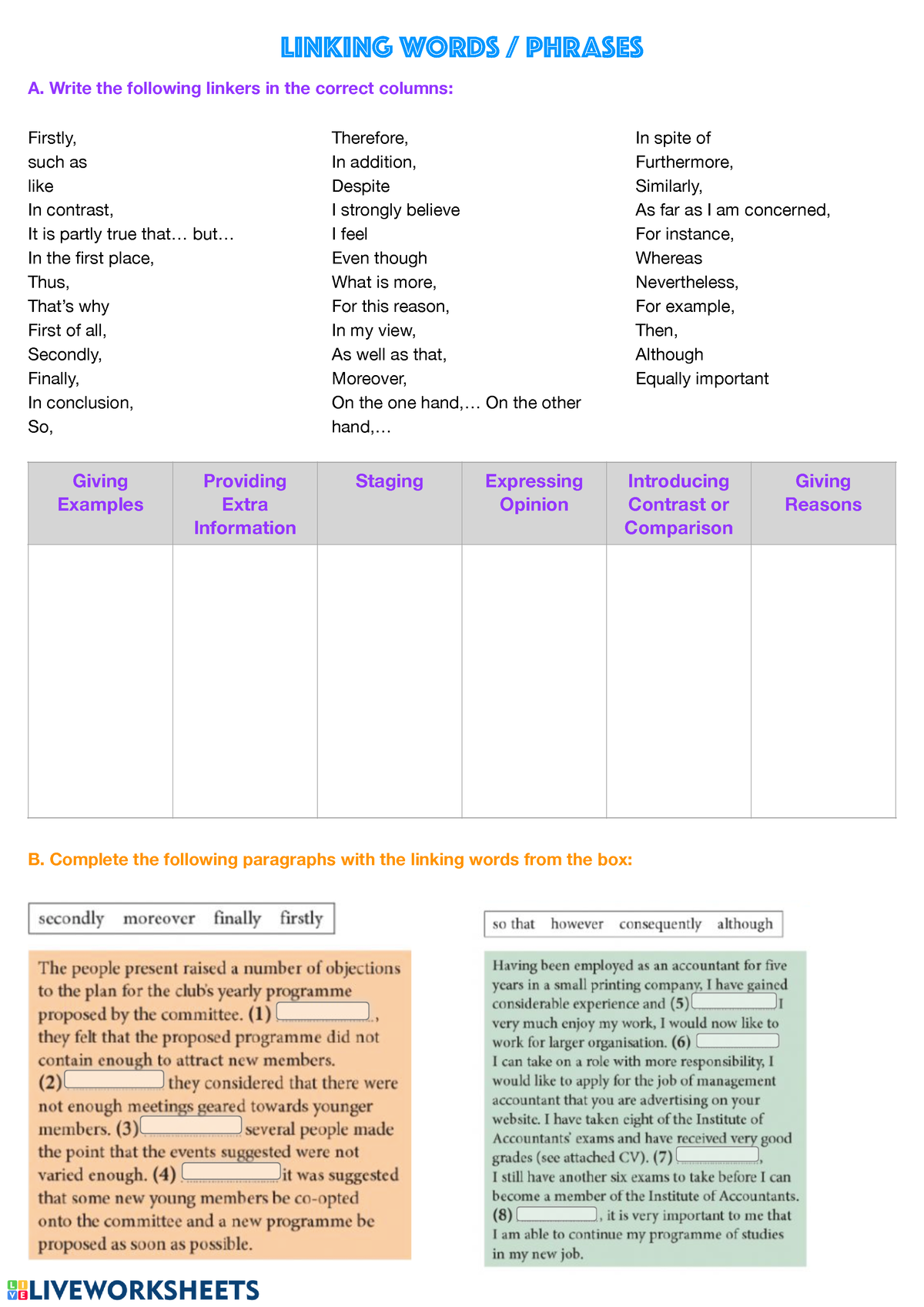 S6 - English worksheet - LINKING WORDS / PHRASES A. Write the following ...