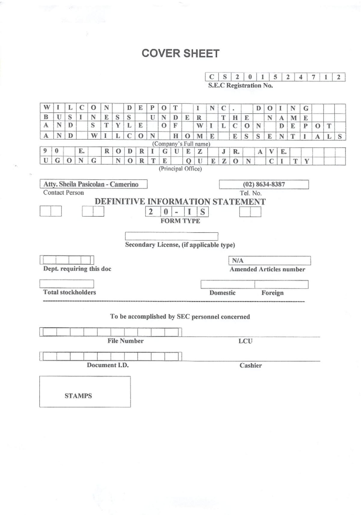 Wlcon 20 - IS Definitive Information Statement - COVER SHEET c s 2 0 1 ...