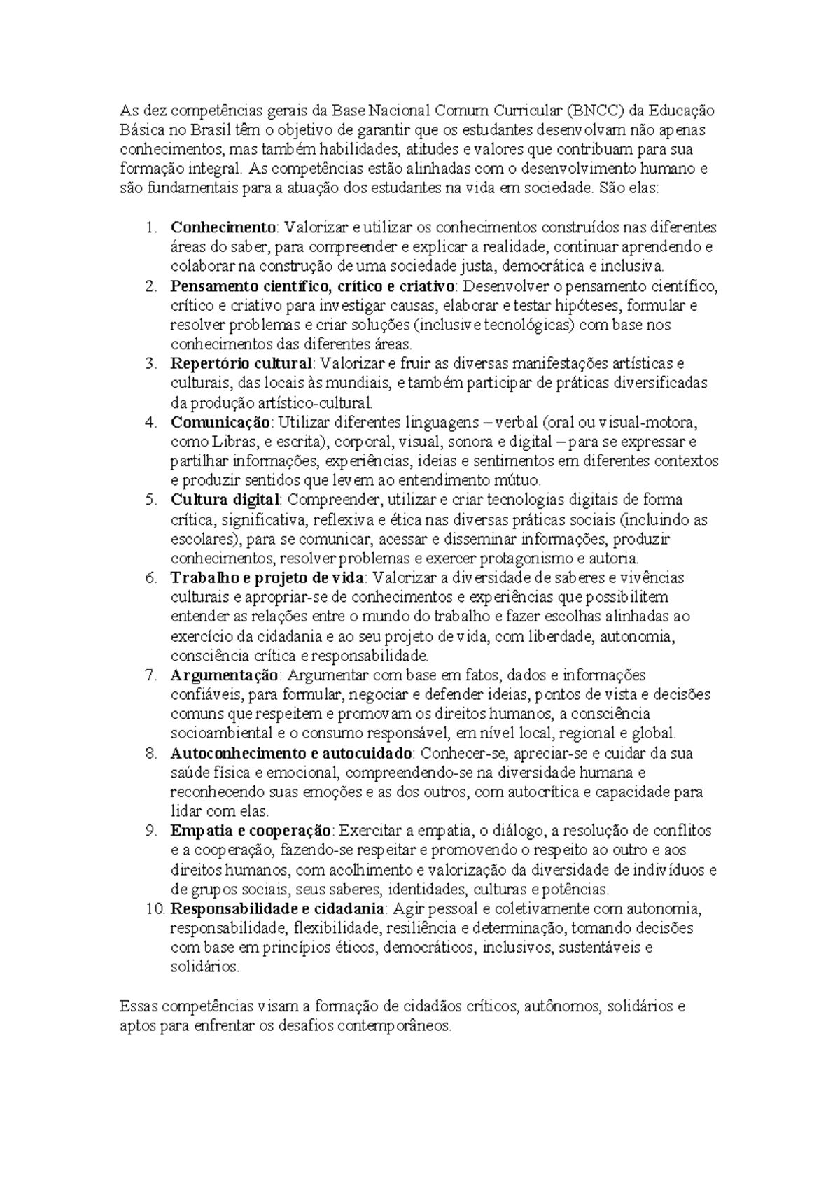As dez competências gerais da Base Nacional Comum Curricular - As ...
