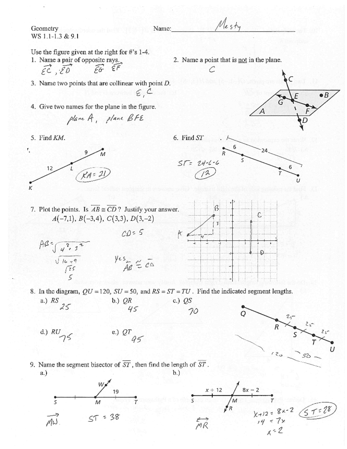 WS 1.1-1.3, 9 - advances math wkst - Geometry Name: Mesty WS 9 Use the ...