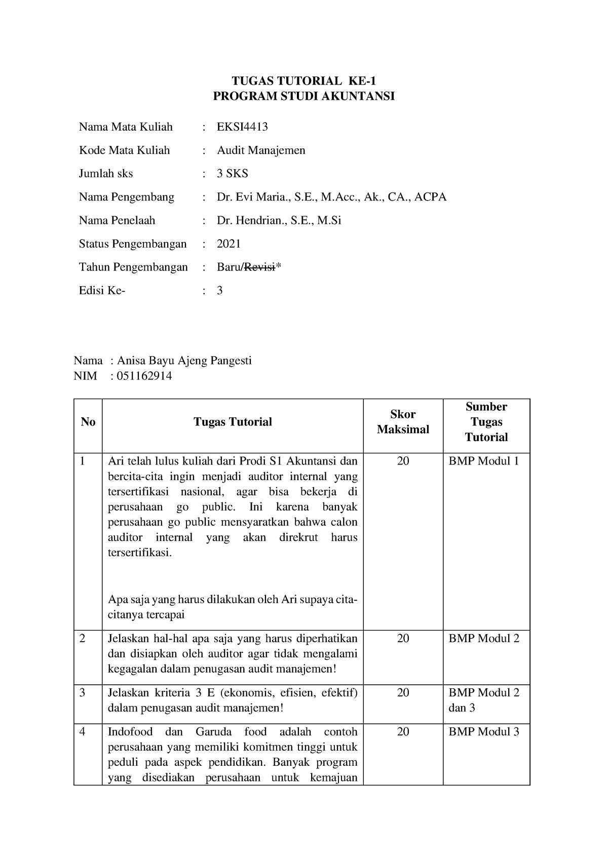 Tugas 1 AUDIT MANAJEMEN - TUGAS TUTORIAL KE- 1 PROGRAM STUDI AKUNTANSI ...