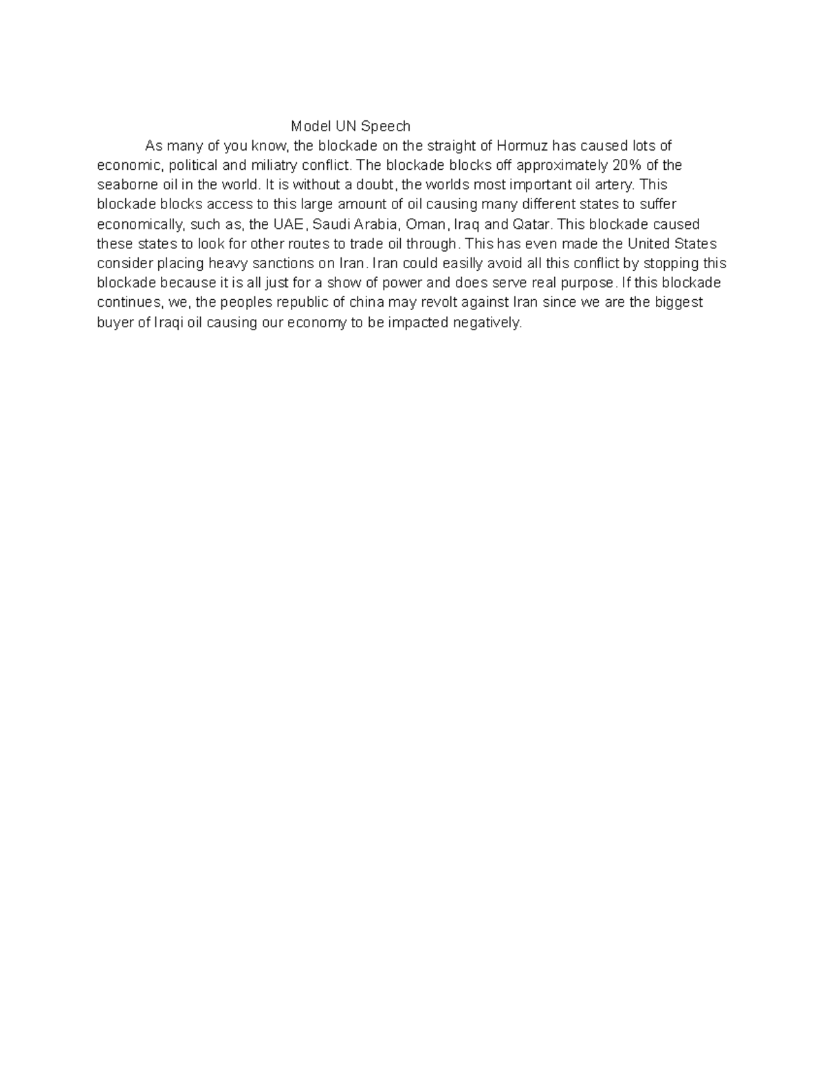 Model UN Speech revised Model UN Speech As many of you know, the