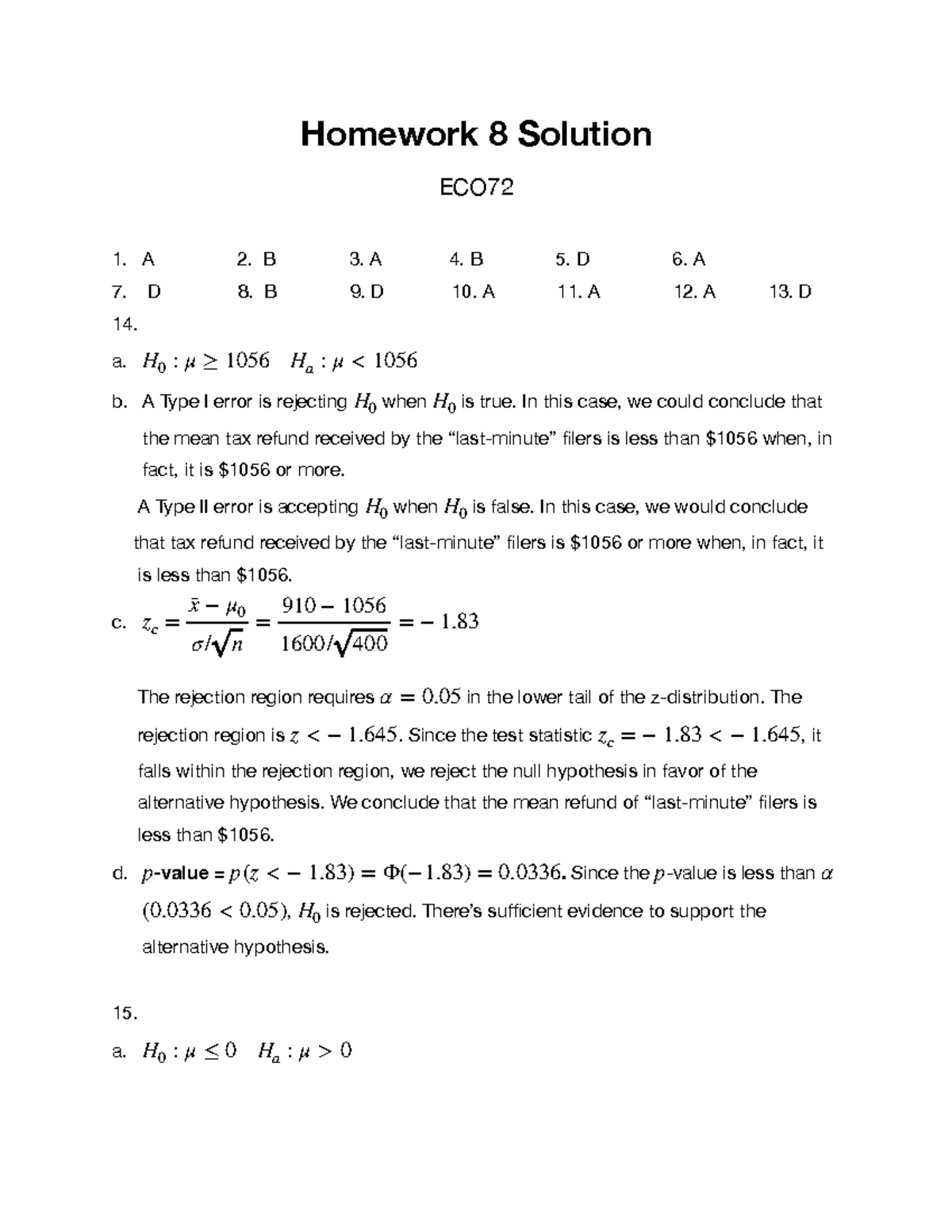 Hw8solution - Prof. Caixuan Sun - Homework 8 Solution ECO A 2. B 3. A 4 ...
