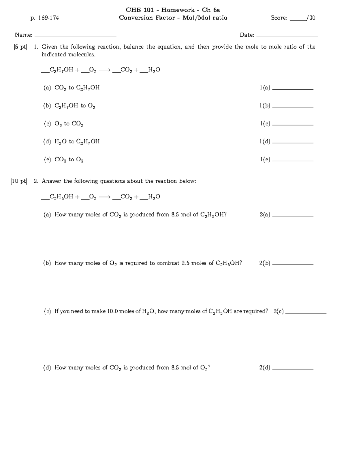 CHE101 Homework - p. 169- CHE 101 - Homework - Ch 6a Conversion Factor ...