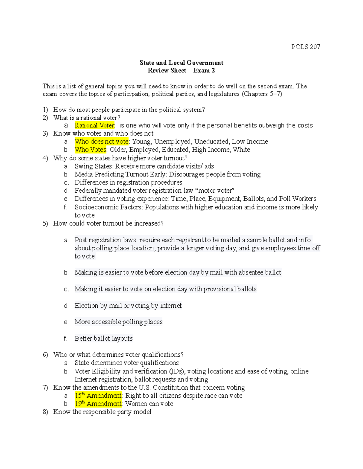 Exam 2 Review Sheet POLS 207 State and Local Government Review Sheet