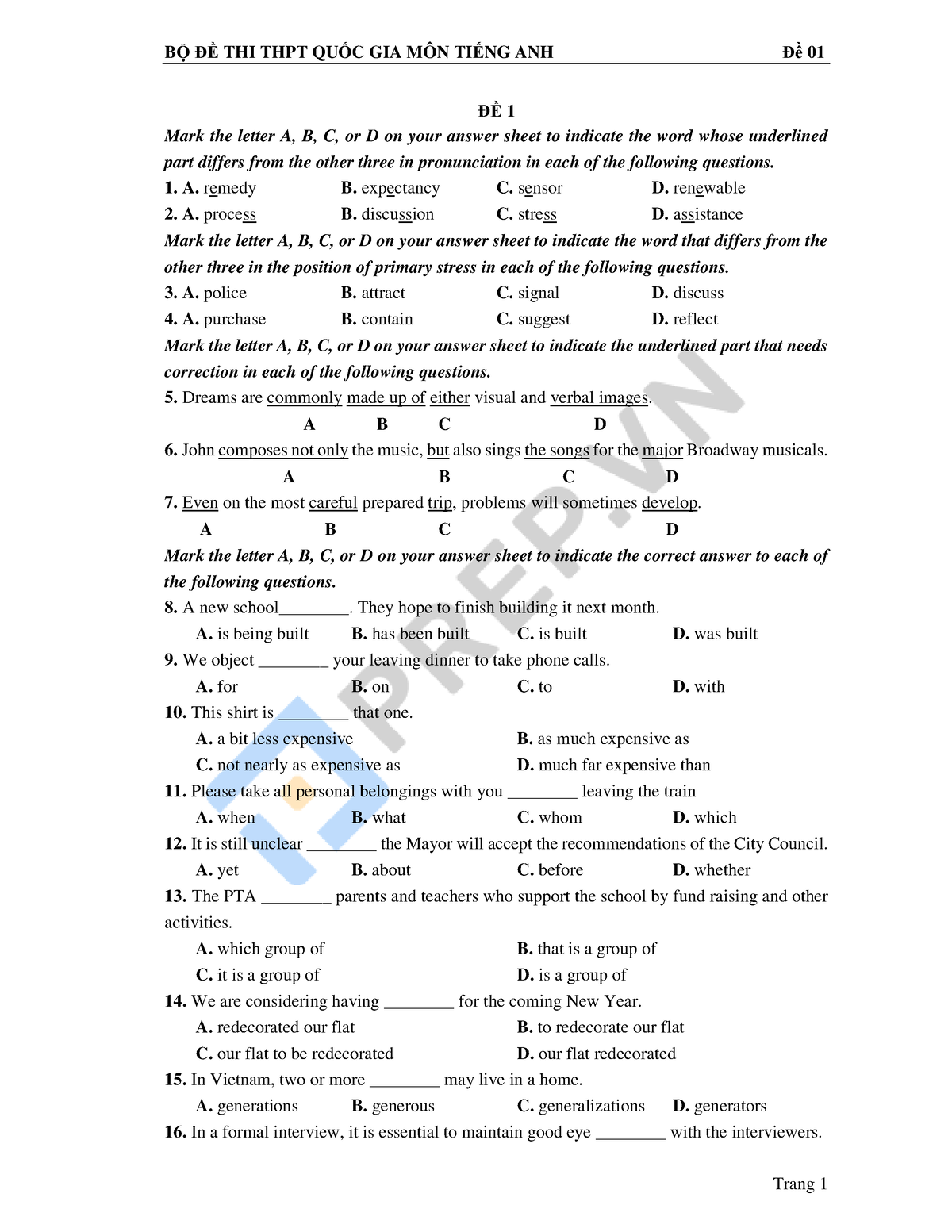 Đề 1 - Okokokokokokokokokokok - Trang 1 ĐỀ 1 Mark The Letter A, B, C ...