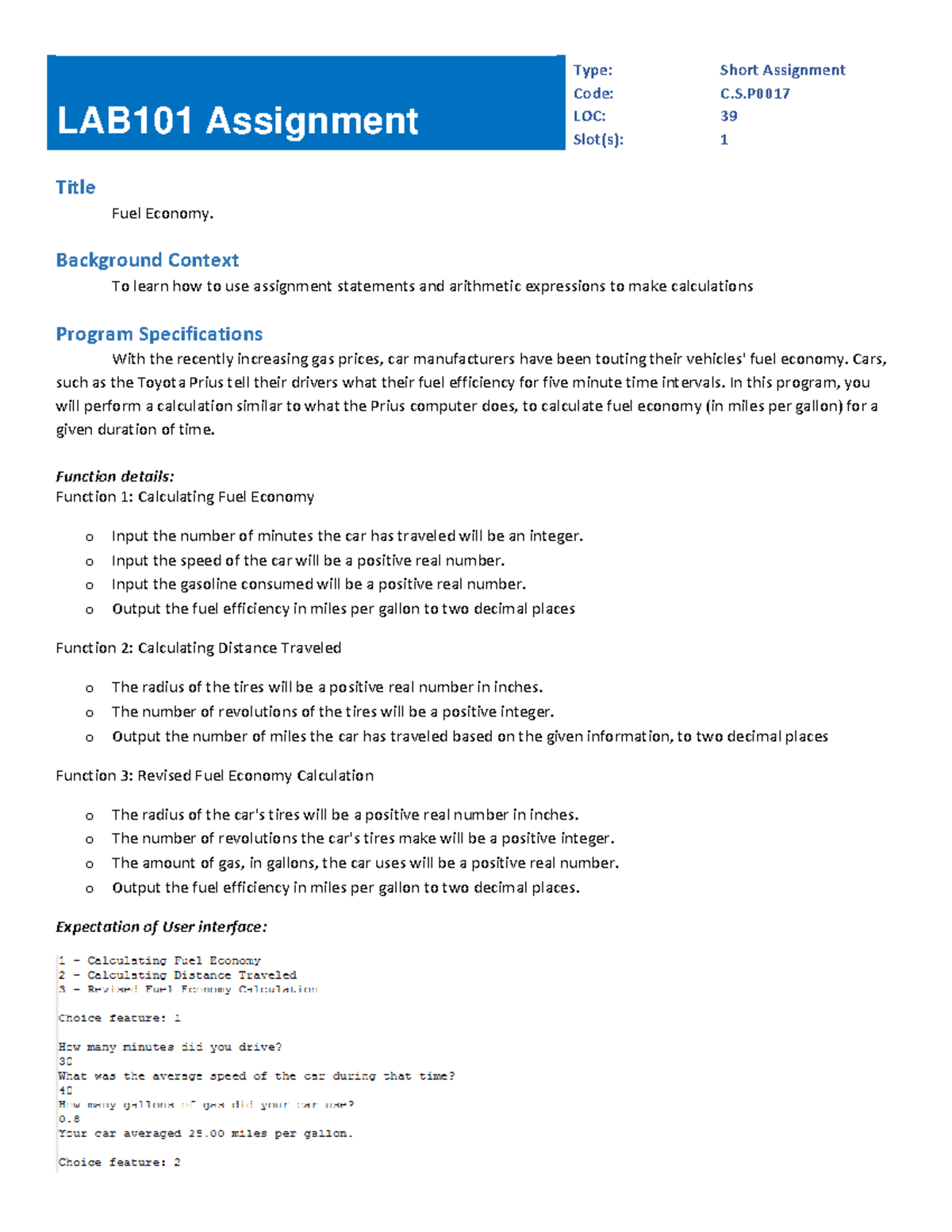 Lab02-C - 123 - LAB101 Assignment Type: Short Assignment Code: C.S LOC ...