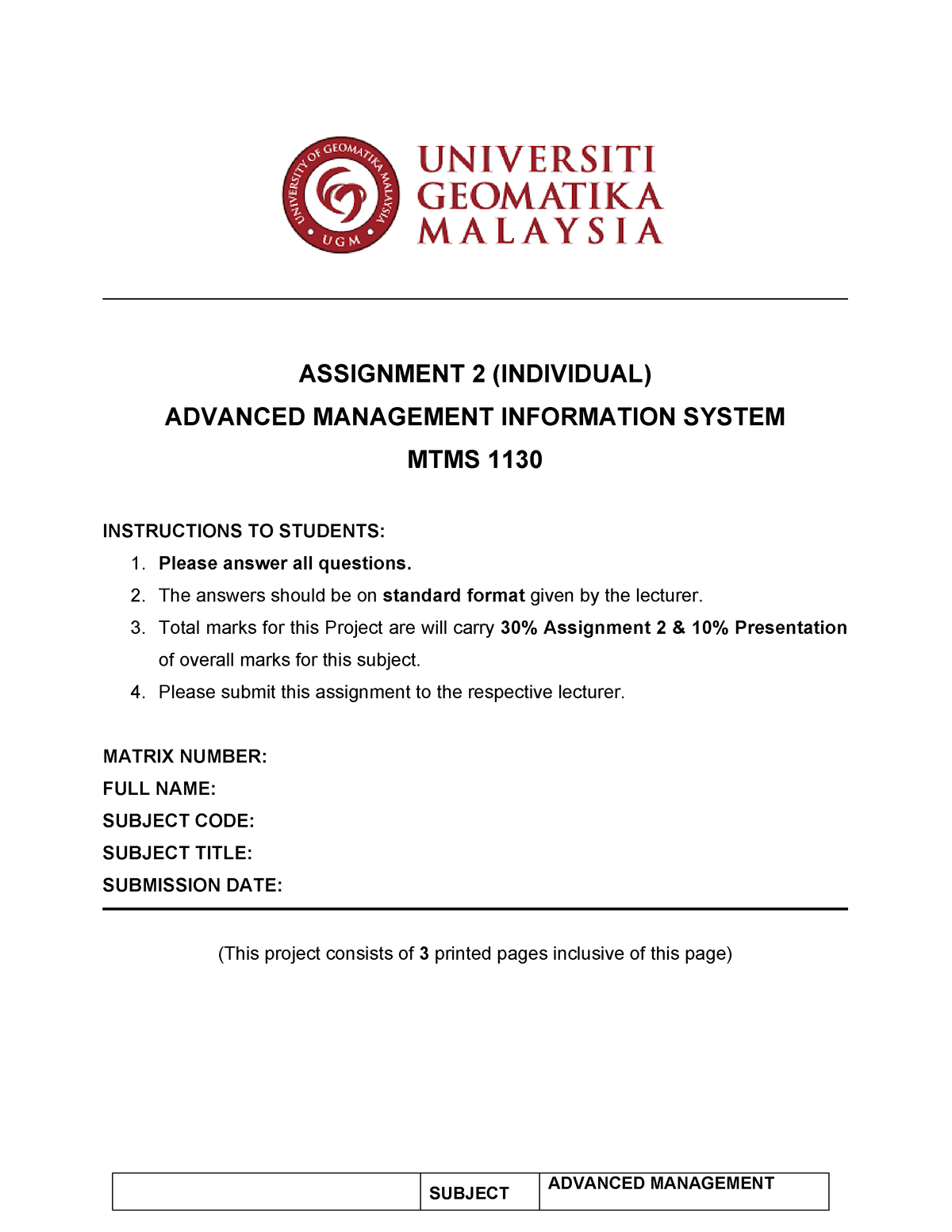 fed uni assignment layout