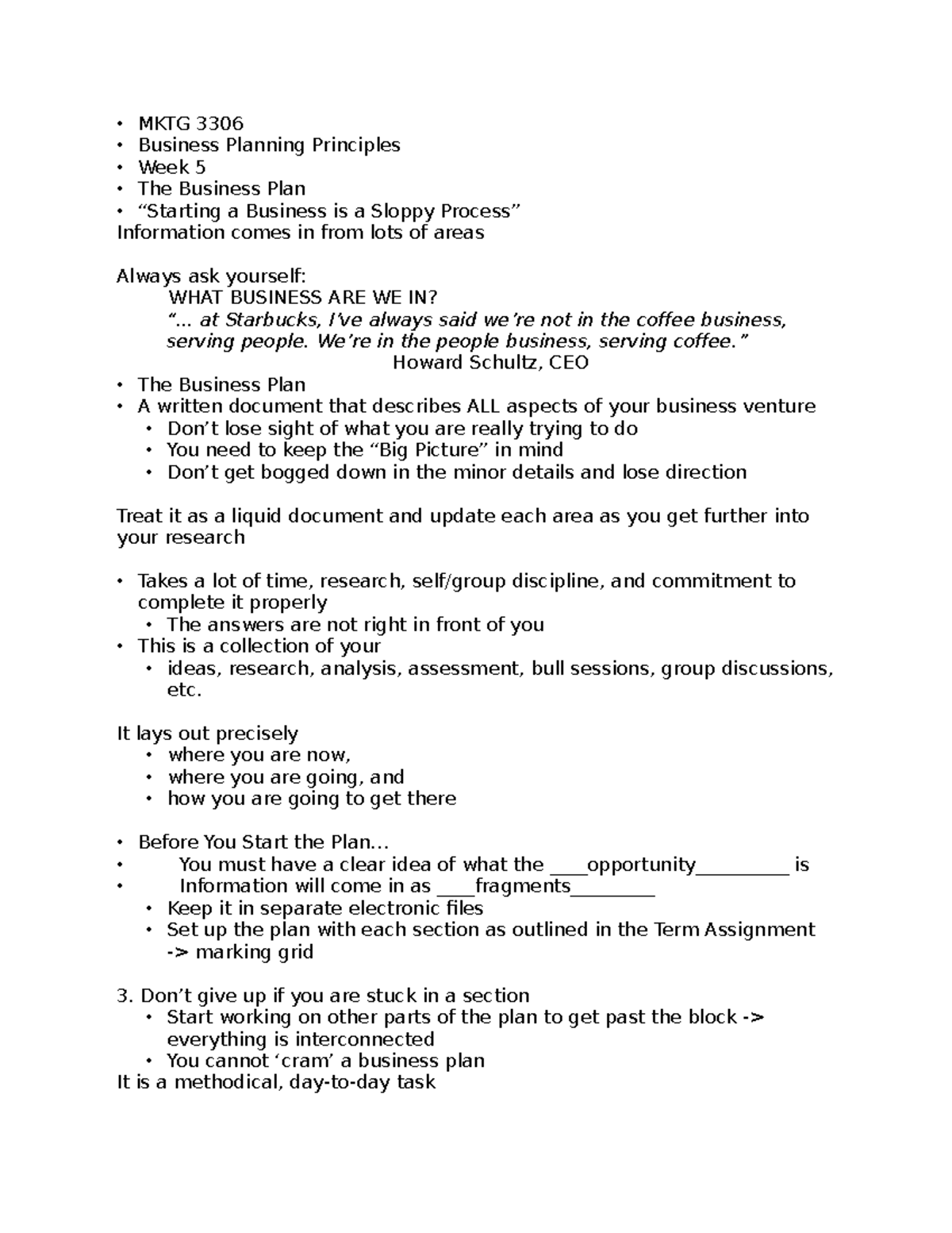 3306 Week 5 Lecture Outline • MKTG 3306 Business Planning Principles