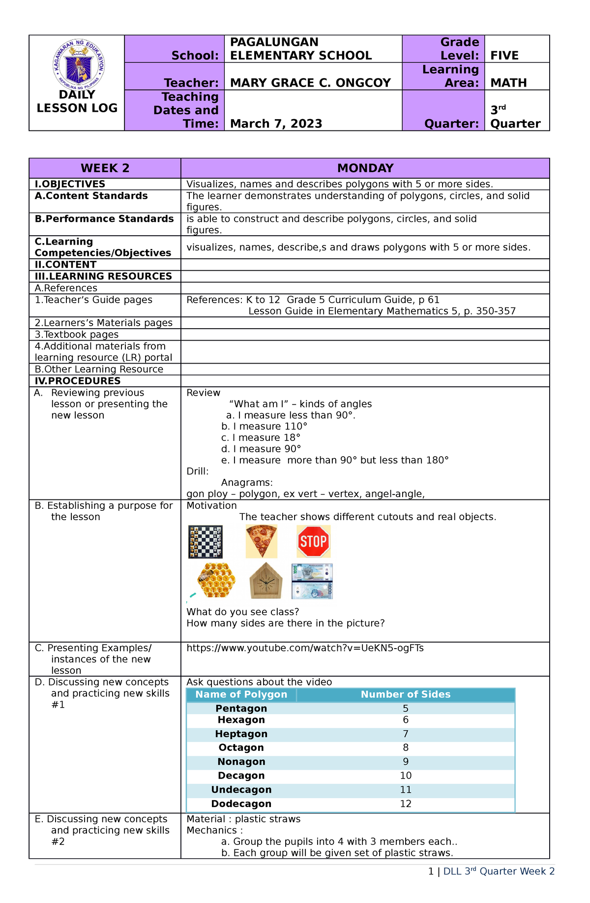 COT Math 3Q-week 3 - COT For Mathematics 3rd Quarter - DAILY LESSON LOG ...