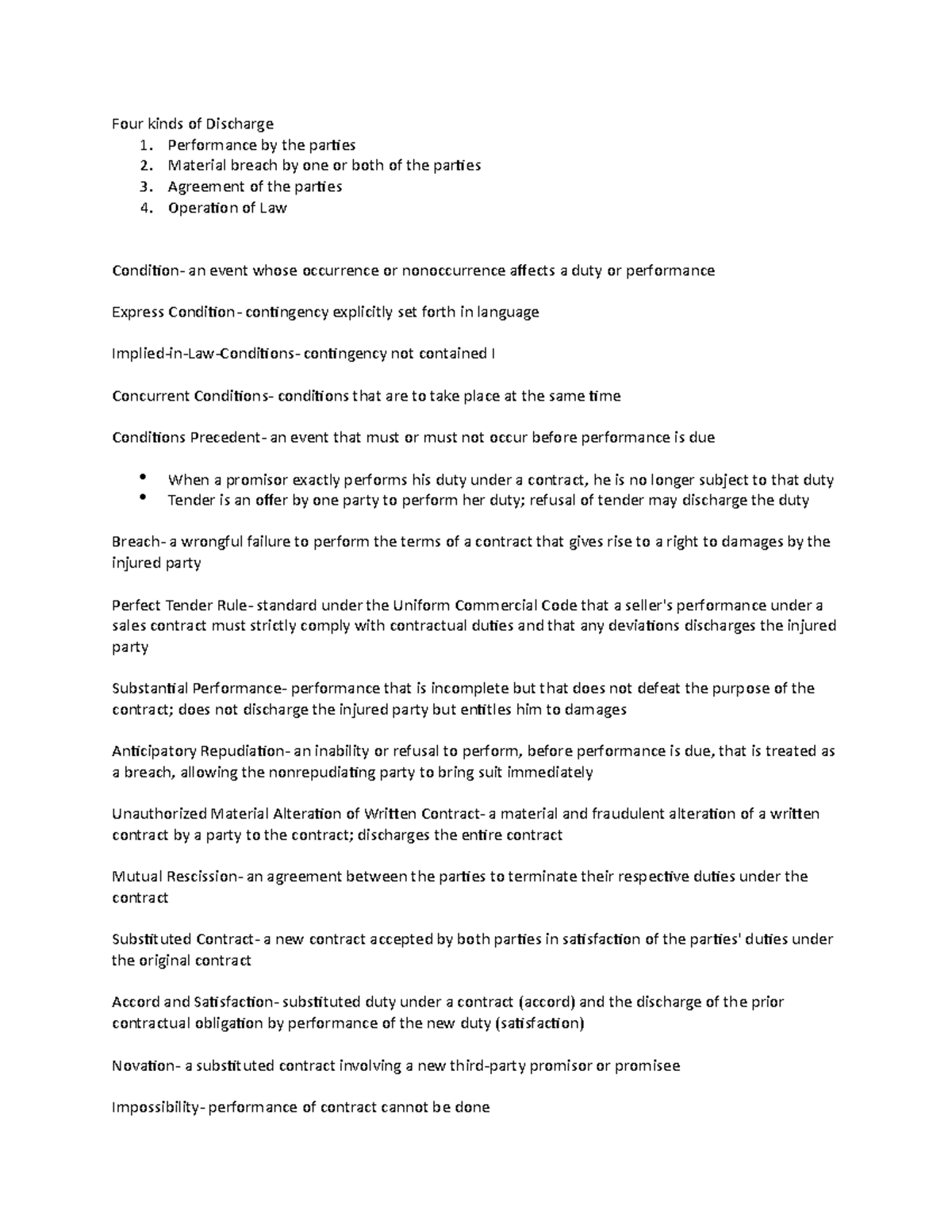 Four kinds of Discharge Performance by the parties 2. Material breach by one or both of the