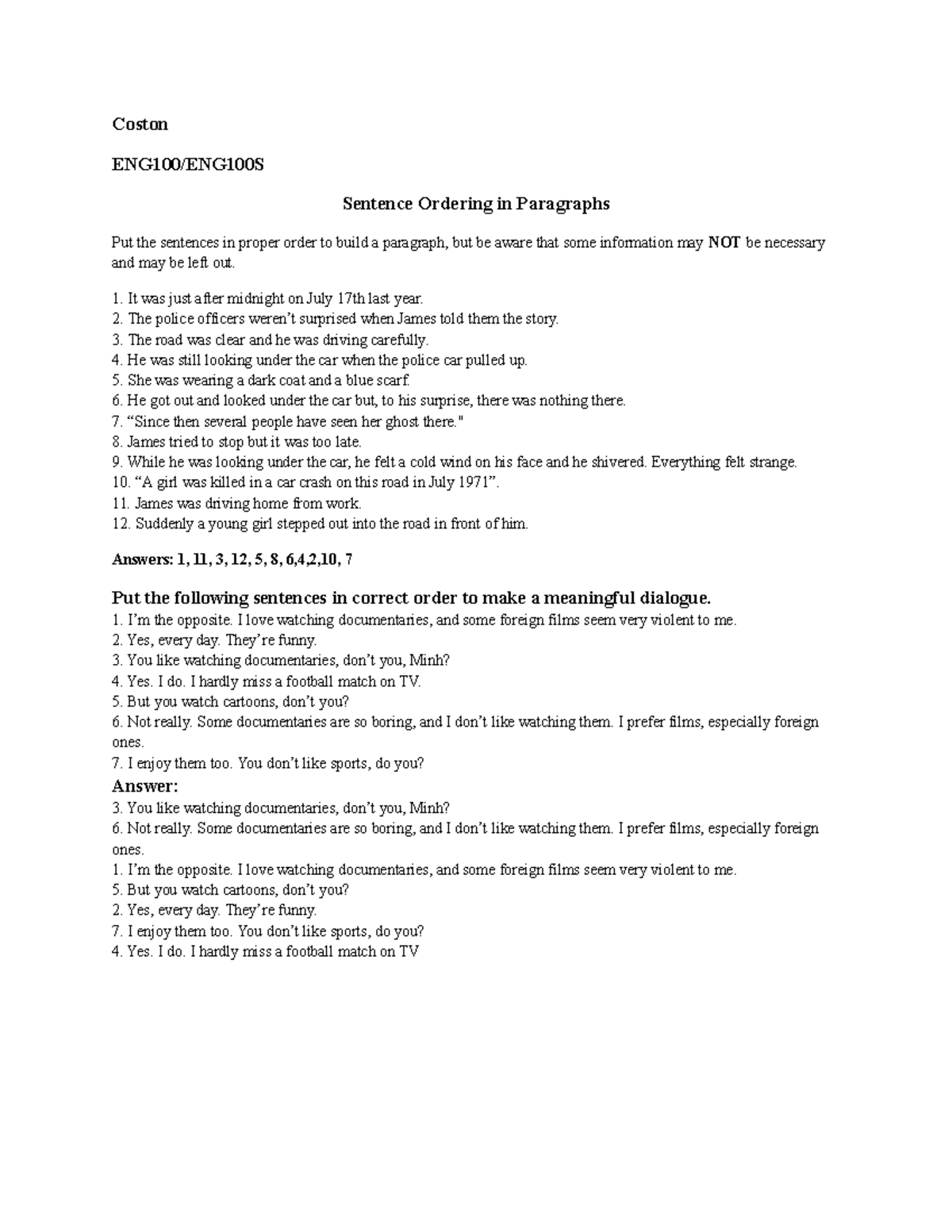 Final Exam Review Sentence Ordering - Coston ENG100/ENG100S Sentence ...