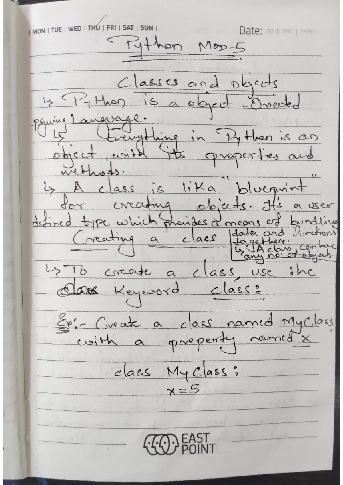 Mod 5 - notes m5 - MON TUE WED THU I FRI SAT I SUN Date: DD MM Python ...