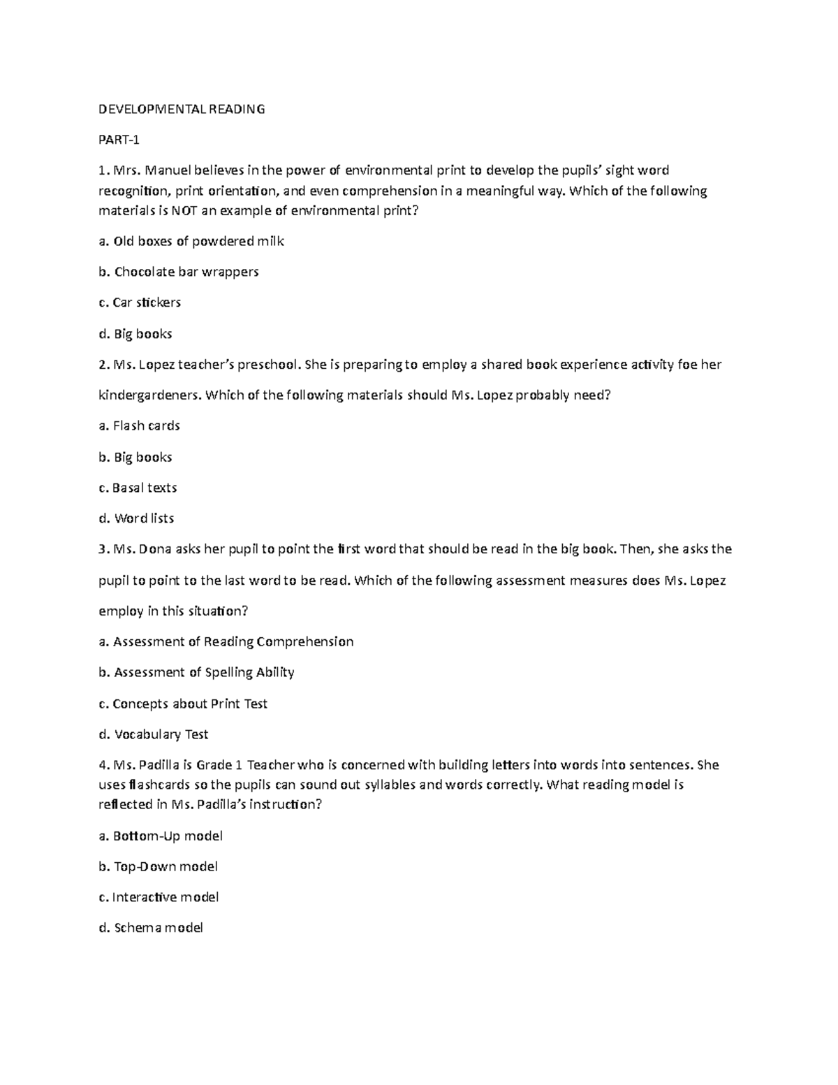 Developmental Reading - DEVELOPMENTAL READING PART- Mrs. Manuel ...