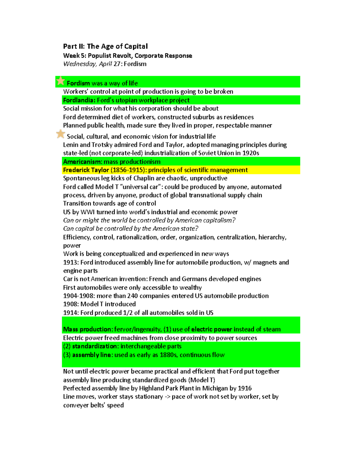Fordism - Lecture notes 10 - Part II: The Age of Capital Week 5 ...