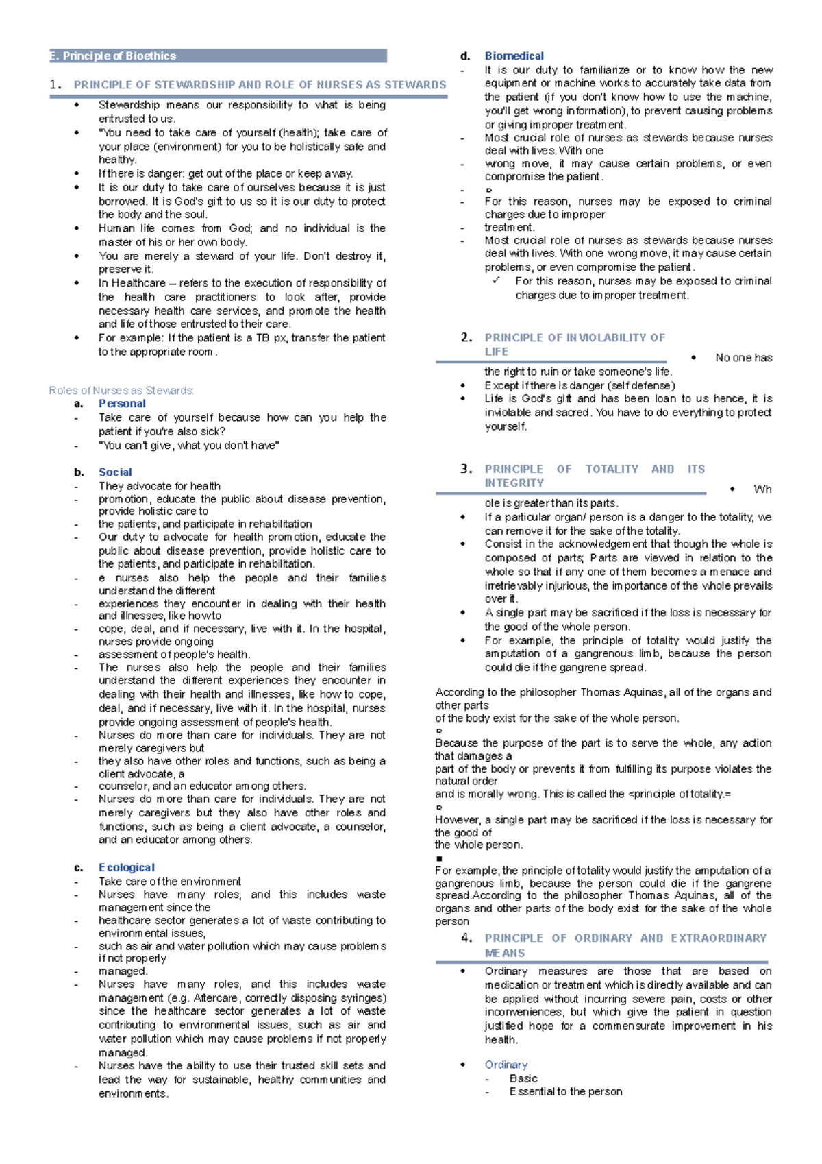 principles in Bioethics - E. Principle of Bioethics Stewardship means ...